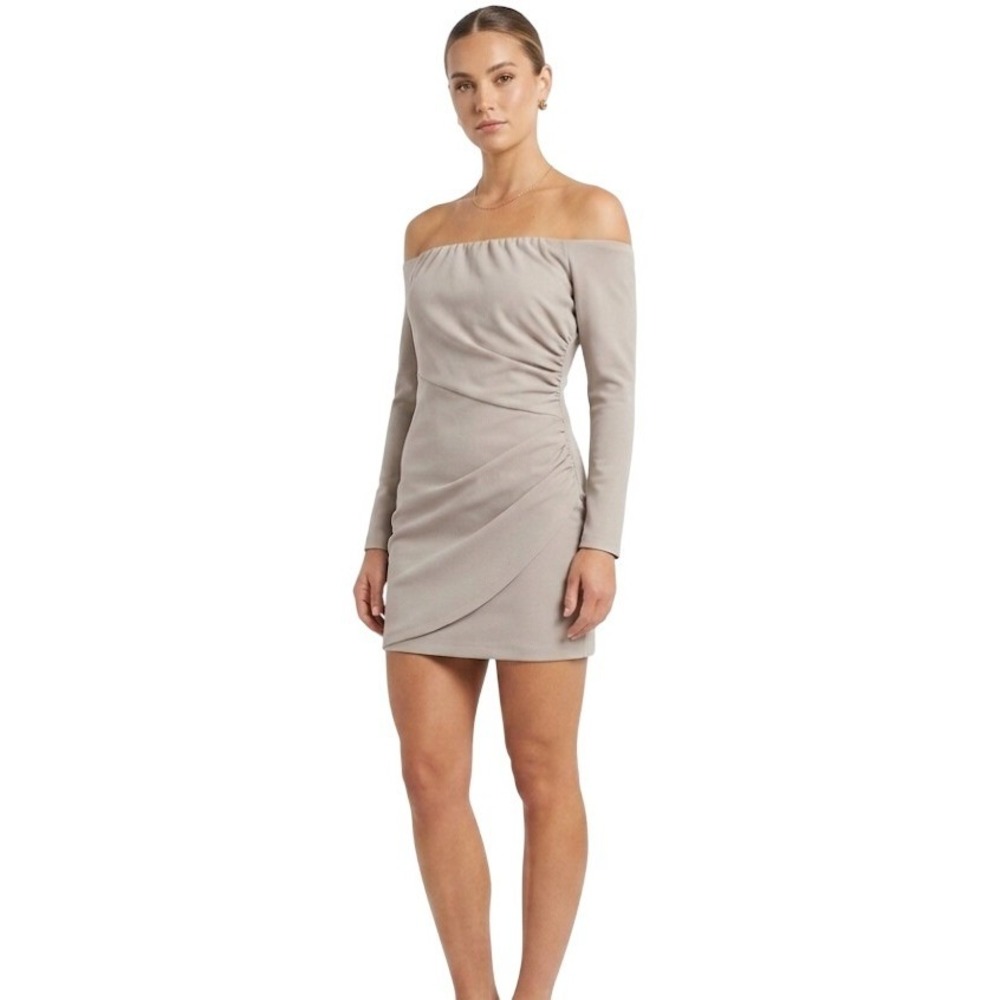 Abercrombie &‎ Fitch Dress Womens L Taupe Off Shoulder Ruched Mini Long Sleeve